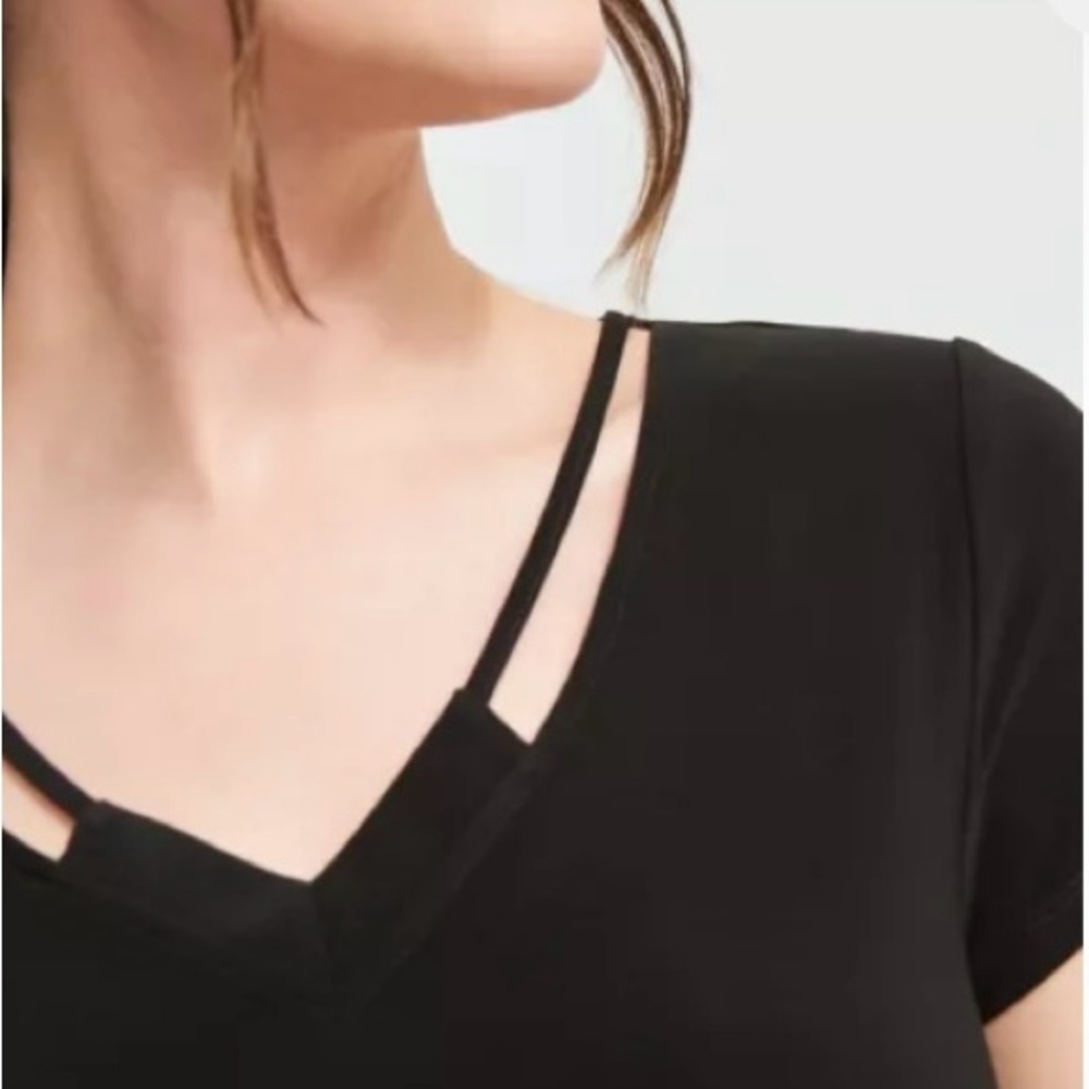 Joseph Ribkoff Short Sleeved Black Top With Neckline Detailing. Size 14
